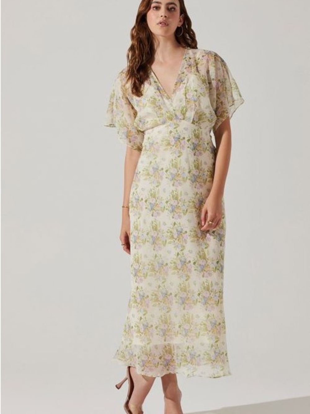 Astr Floral V-Neck Maxi Dress in Cream with Pastel Greens and Lilac